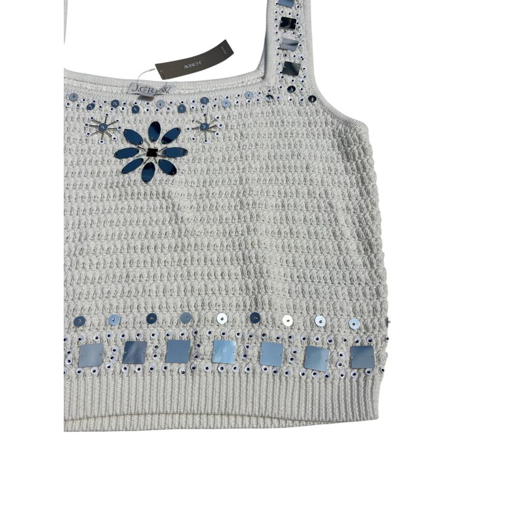 J Crew Knit Sweater Tank Hand Embellished Mirrors Square Neck White L - Picture 2 of 6